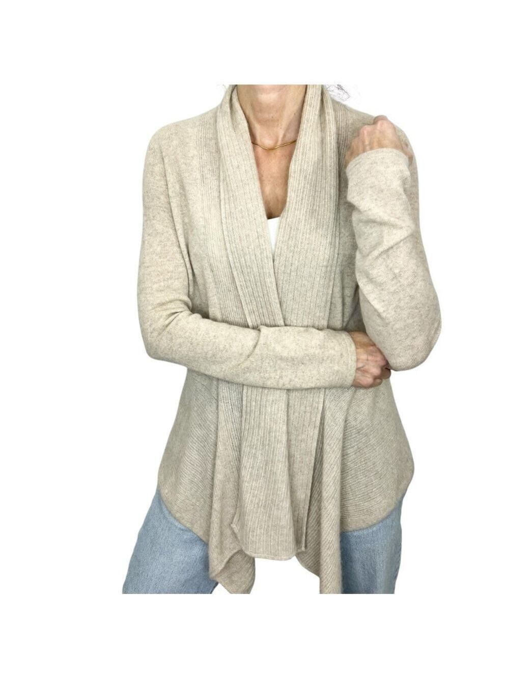 Rino Rossi 100% cashmere beige open front waterfall cardigan sweater S